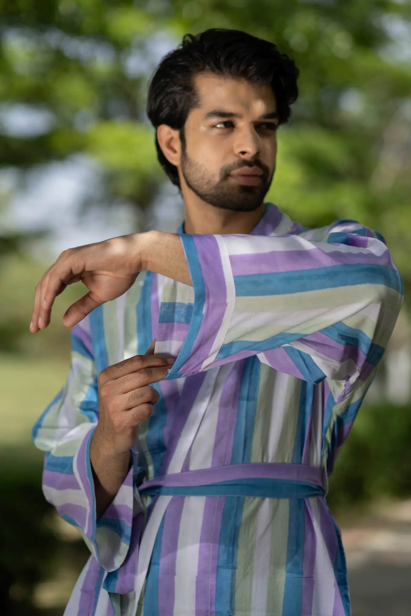 Pure Cotton Boho Men Kimono Robe | Geometric Luxury Dressing Gown Summer Loungewear, Onesie Unisex Bathrobe Relax Fit Beach Outfit Cardigan