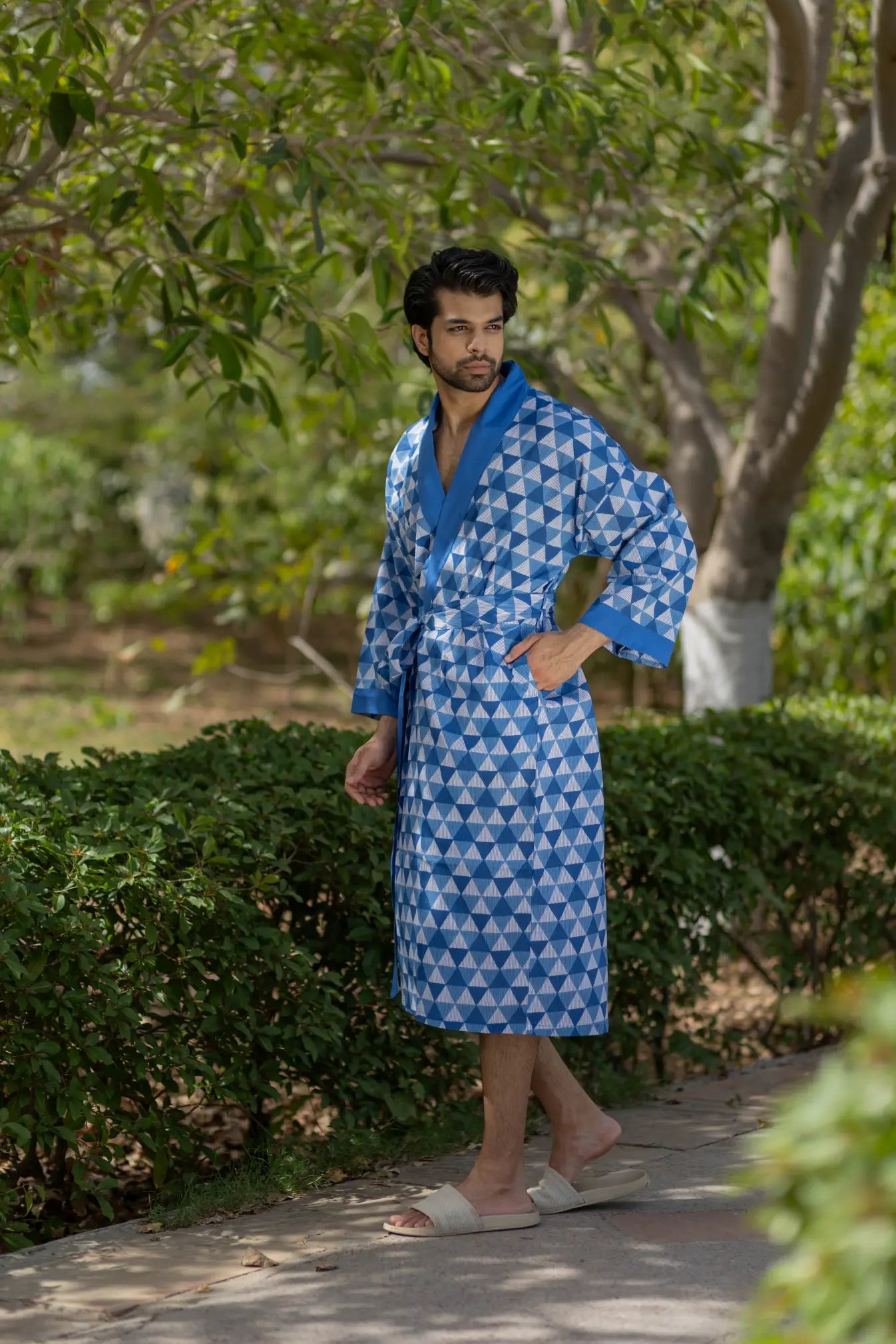 Pure Cotton Boho Men Kimono Robe | Geometric Luxury Dressing Gown Summer Loungewear, Onesie Unisex Bathrobe Relax Fit Beach Outfit Cardigan