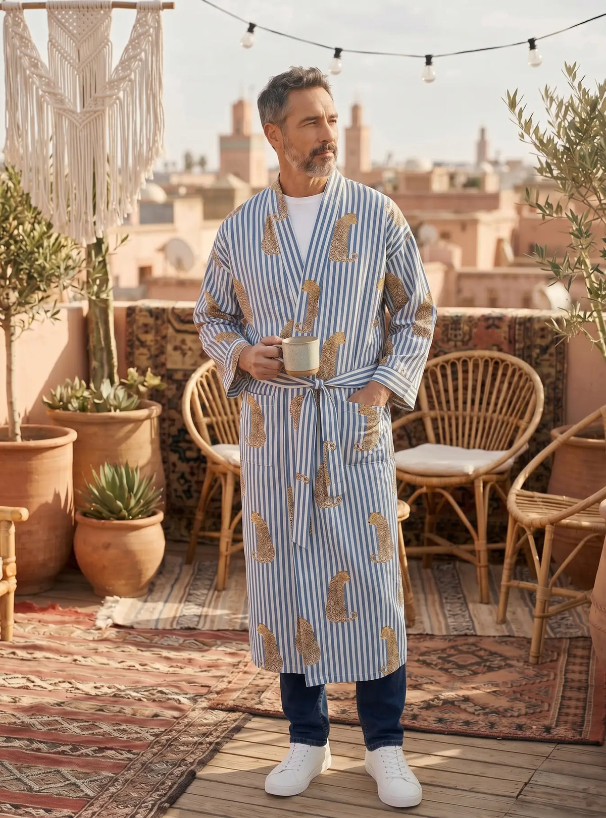 Men's Organic Cotton Kimono Robe | Lightweight Loungewear, Zen Spa Robe, Summer Dressing Gown, Cardigan Nightwear With Belt, Gift for Him