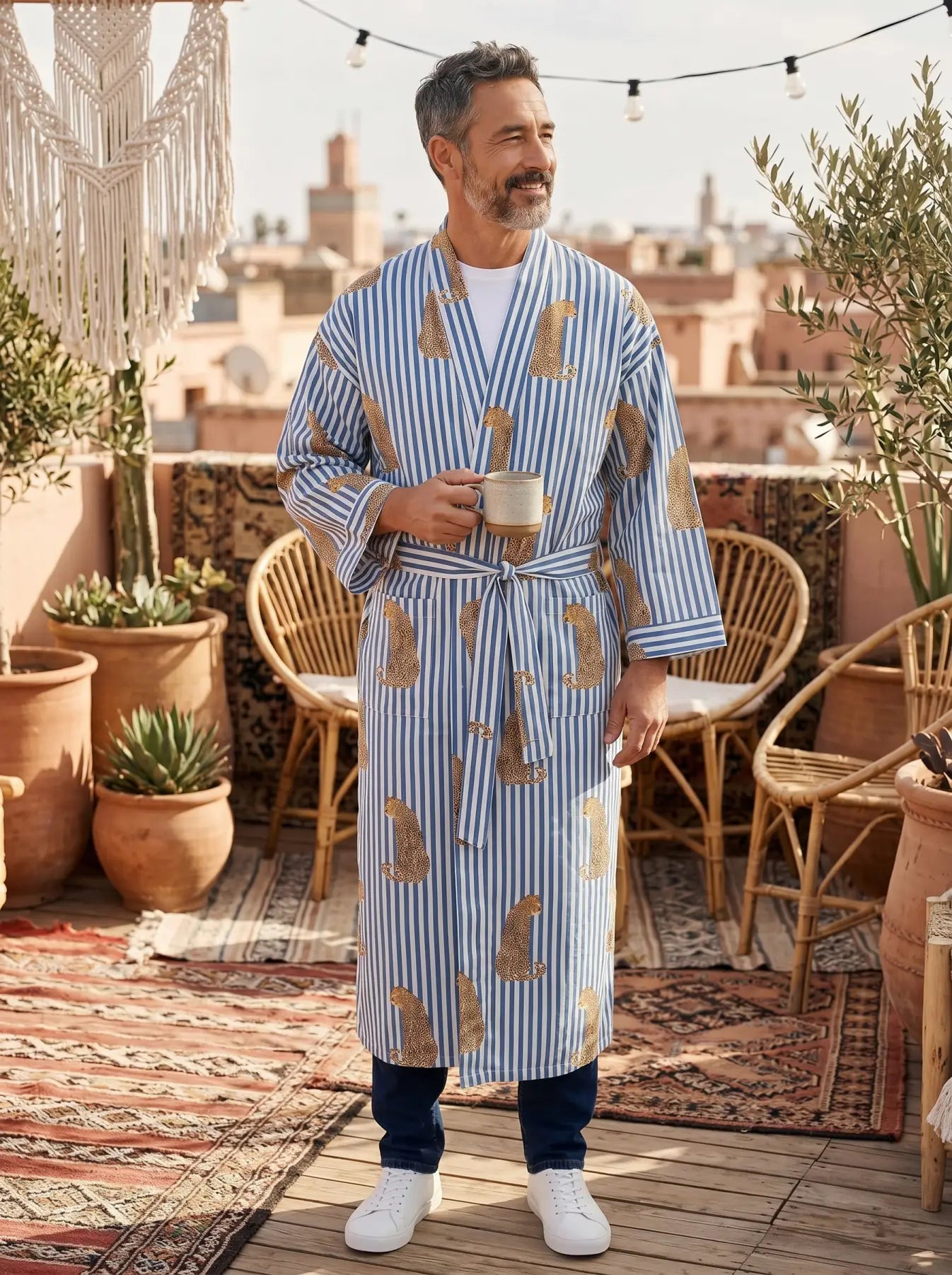 Men's Organic Cotton Kimono Robe | Lightweight Loungewear, Zen Spa Robe, Summer Dressing Gown, Cardigan Nightwear With Belt, Gift for Him
