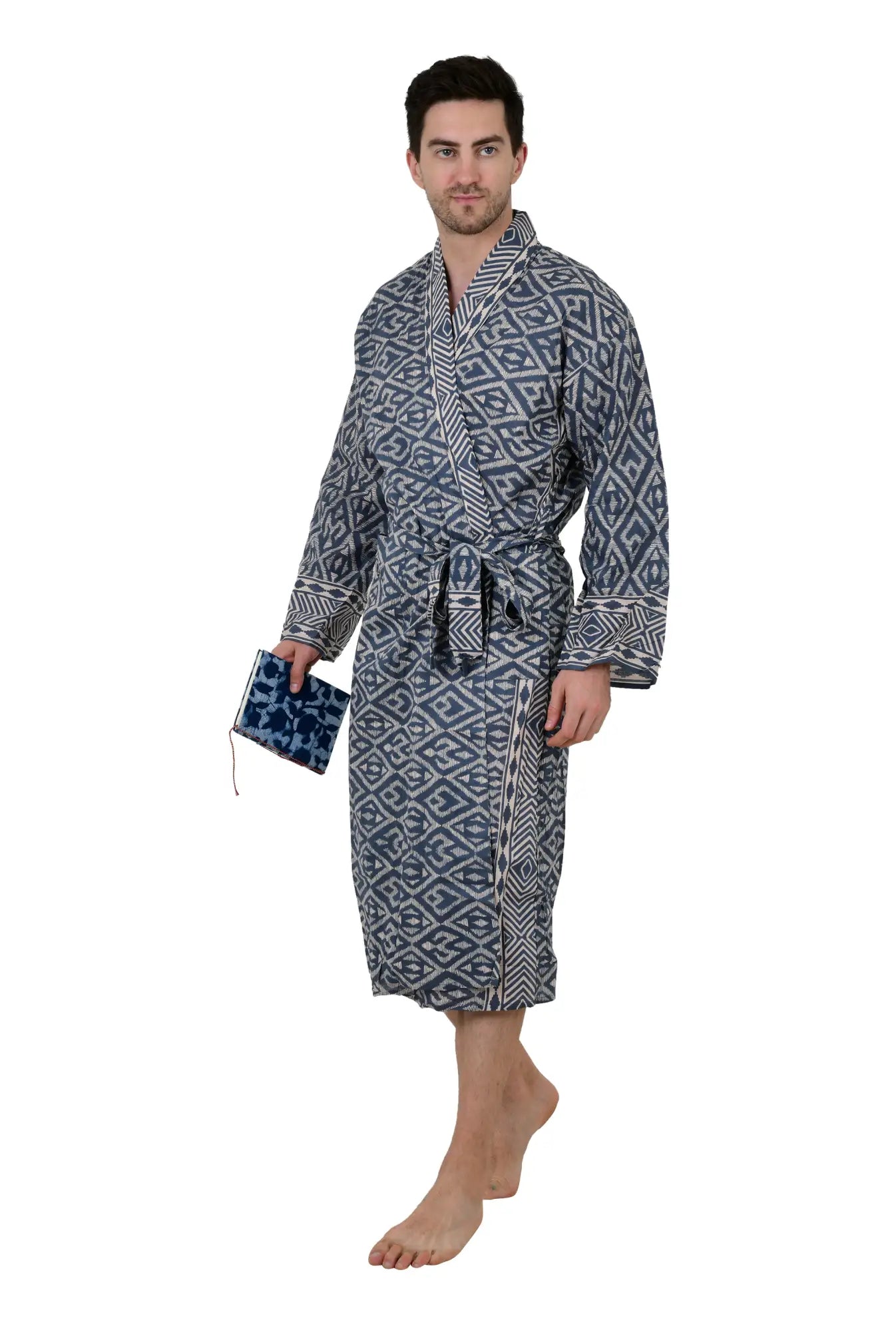Pure Cotton Handblock Men Kimono | Indian Printed Man House Robe, Boho Beach Coverup Dressing Gown, Lightweight Loungewear, Gift For Him Dad