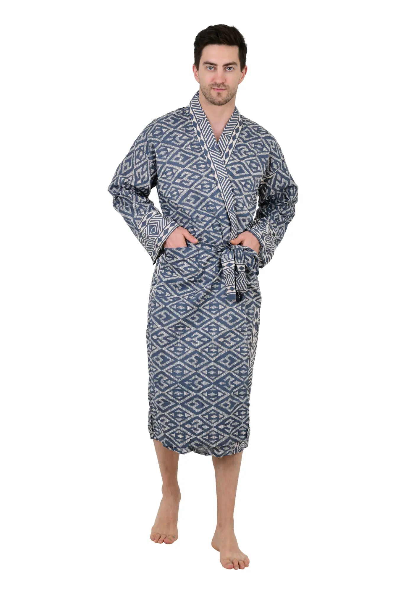 Pure Cotton Handblock Men Kimono | Indian Printed Man House Robe, Boho Beach Coverup Dressing Gown, Lightweight Loungewear, Gift For Him Dad