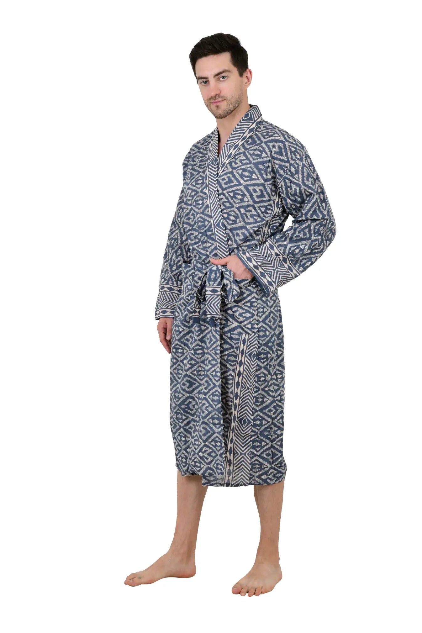 Pure Cotton Handblock Men Kimono | Indian Printed Man House Robe, Boho Beach Coverup Dressing Gown, Lightweight Loungewear, Gift For Him Dad