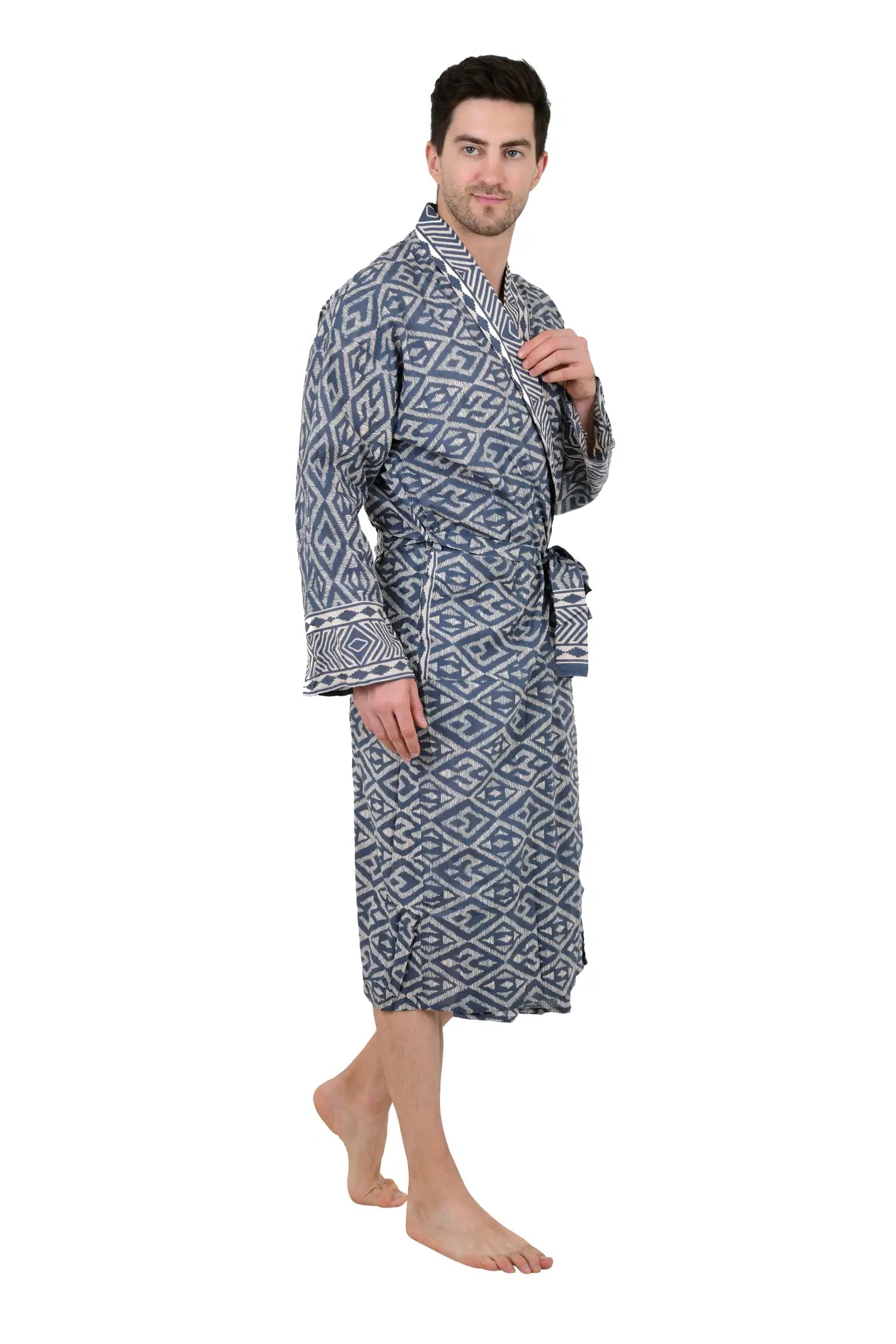 Pure Cotton Handblock Men Kimono | Indian Printed Man House Robe, Boho Beach Coverup Dressing Gown, Lightweight Loungewear, Gift For Him Dad