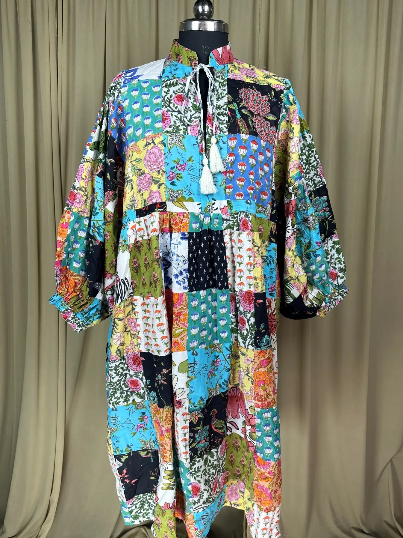 Boho Maxi Dress With Sleeves | Handmade Patchwork Long Flowy Beach Dress, One-of-a-kind Elegant Retro Outfit, Modest Gown with Pockets