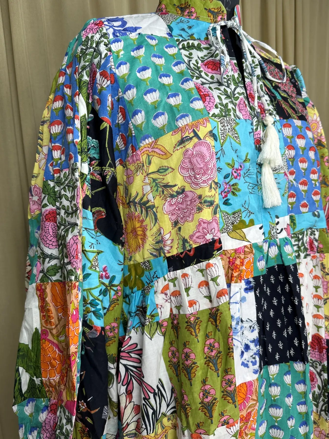 Boho Maxi Dress With Sleeves | Handmade Patchwork Long Flowy Beach Dress, One-of-a-kind Elegant Retro Outfit, Modest Gown with Pockets
