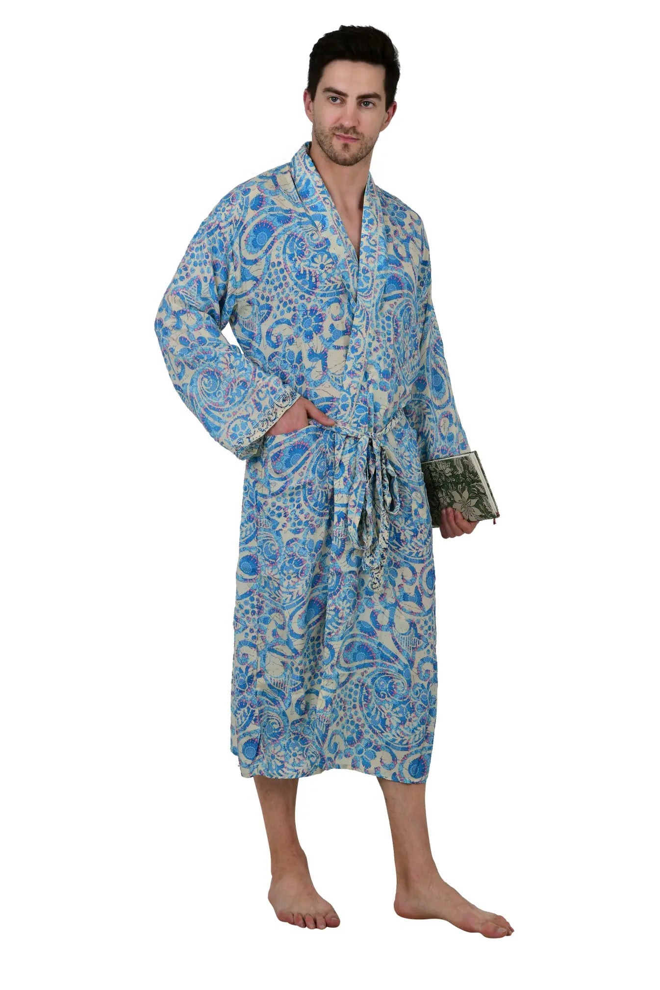 Boho Men's Soft Silk Kimono, Man Regal House Beach Robe, Floral Persian King Elegant Beige Blue Hues Beach Cover Up, Perfect Gift for Dad