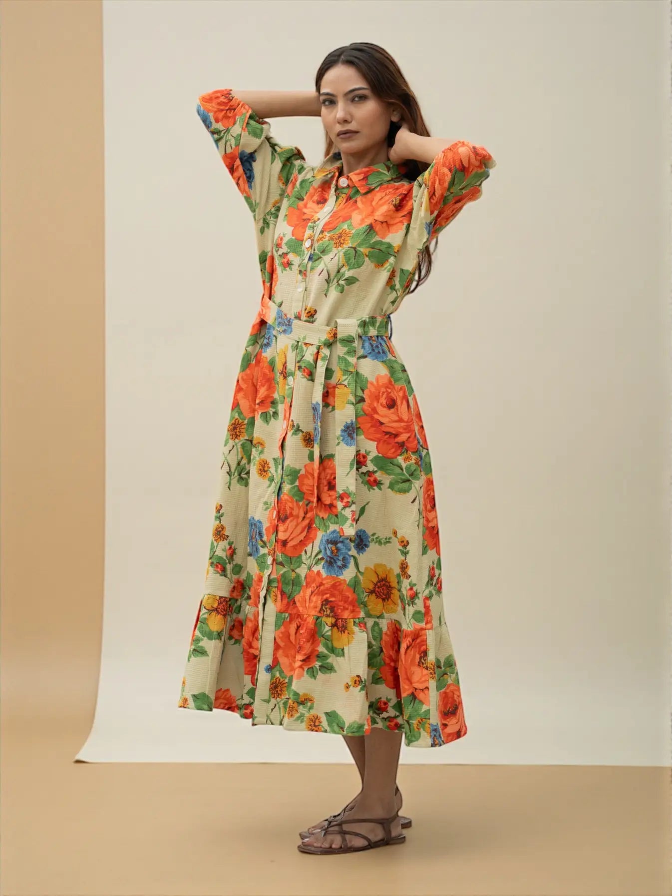Handblock Printed Cotton Waffle Dress for Women, Floral Boho Midi Long Summer Tunic | Soft Color, Button Closure | Ethical Gift for Her Mom