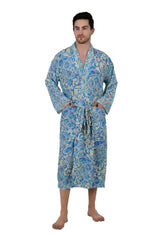 Boho Men's Soft Silk Kimono, Man Regal House Beach Robe, Floral Persian King Elegant Beige Blue Hues Beach Cover Up, Perfect Gift for Dad
