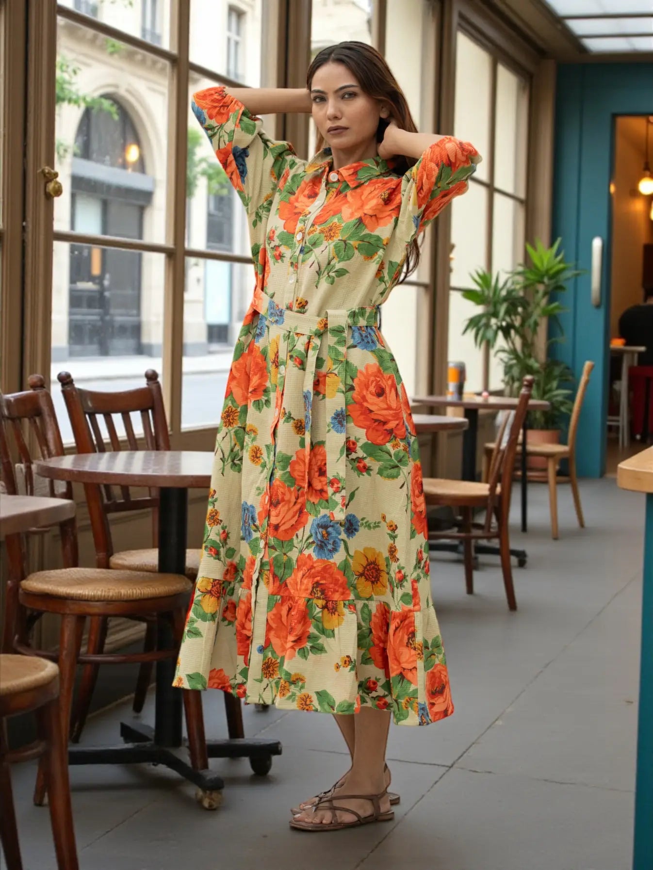 Handblock Printed Cotton Waffle Dress for Women, Floral Boho Midi Long Summer Tunic | Soft Color, Button Closure | Ethical Gift for Her Mom