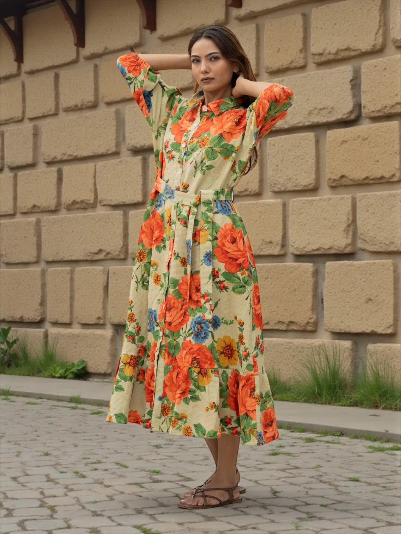Handblock Printed Cotton Waffle Dress for Women, Floral Boho Midi Long Summer Tunic | Soft Color, Button Closure | Ethical Gift for Her Mom