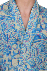Boho Men's Soft Silk Kimono, Man Regal House Beach Robe, Floral Persian King Elegant Beige Blue Hues Beach Cover Up, Perfect Gift for Dad