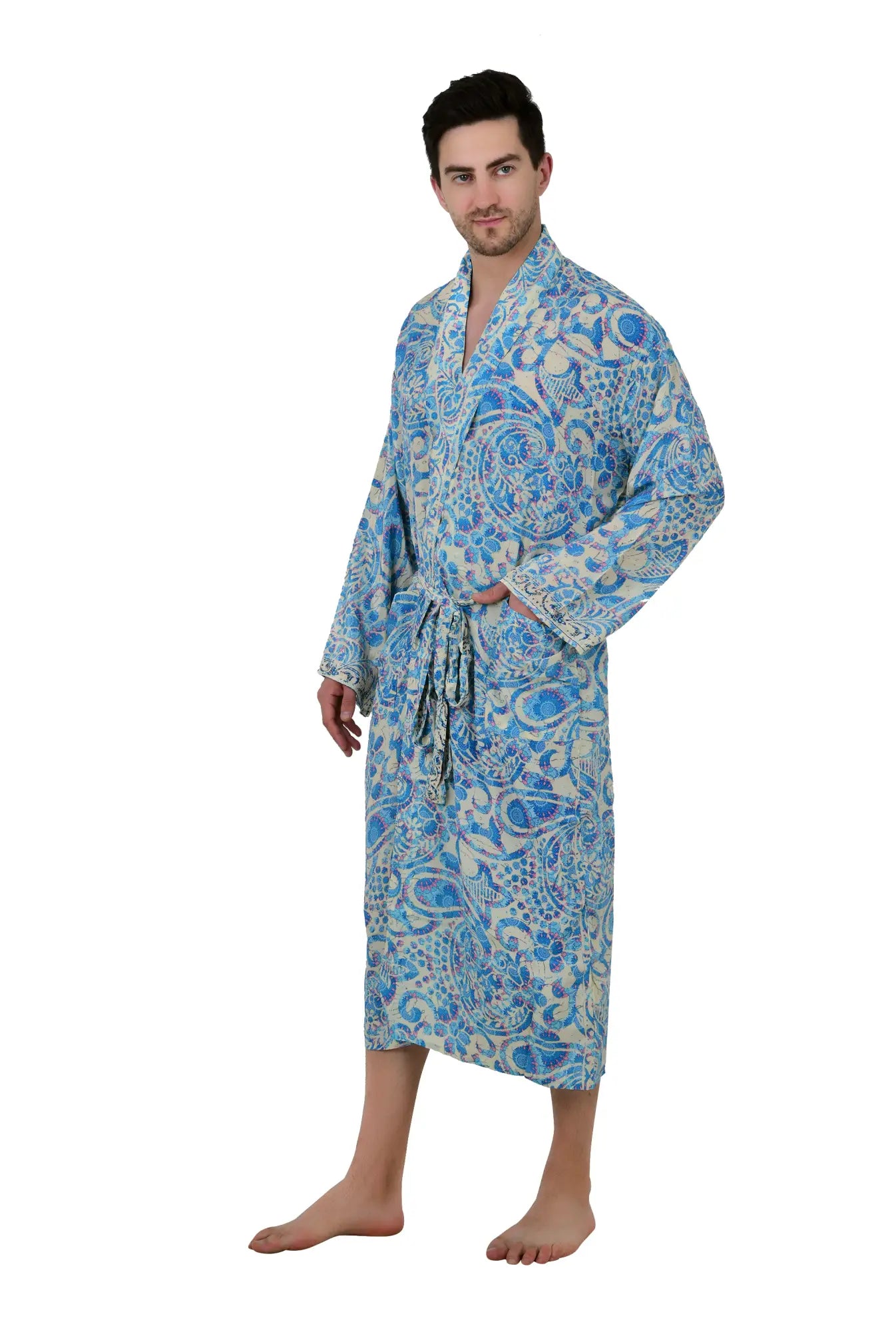 Boho Men's Soft Silk Kimono, Man Regal House Beach Robe, Floral Persian King Elegant Beige Blue Hues Beach Cover Up, Perfect Gift for Dad