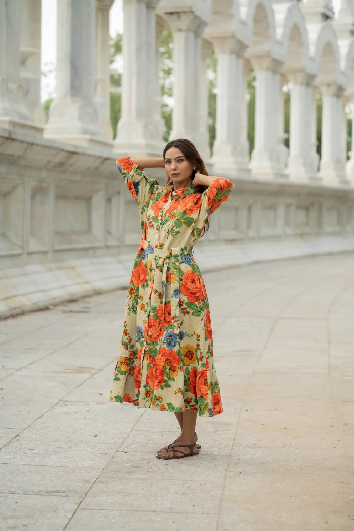 Handblock Printed Cotton Waffle Dress for Women, Floral Boho Midi Long Summer Tunic | Soft Color, Button Closure | Ethical Gift for Her Mom