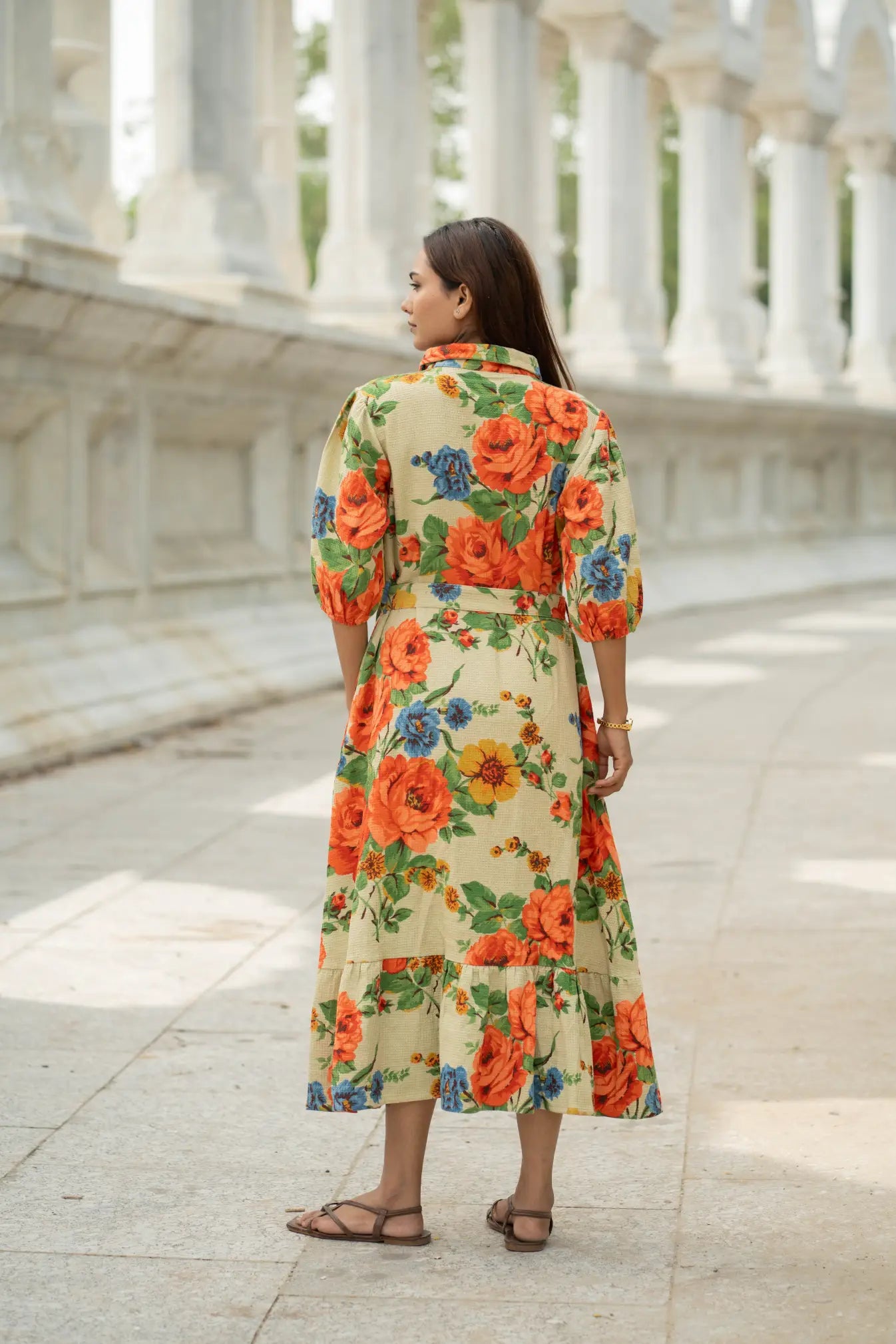 Handblock Printed Cotton Waffle Dress for Women, Floral Boho Midi Long Summer Tunic | Soft Color, Button Closure | Ethical Gift for Her Mom