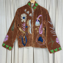 Boho Hand Embroidered Velvet Suzani Jacket, Brown Floral Open Front Coat Winter Wear Free Size Robe Retro Chic Free Size Robe Blazer for Her