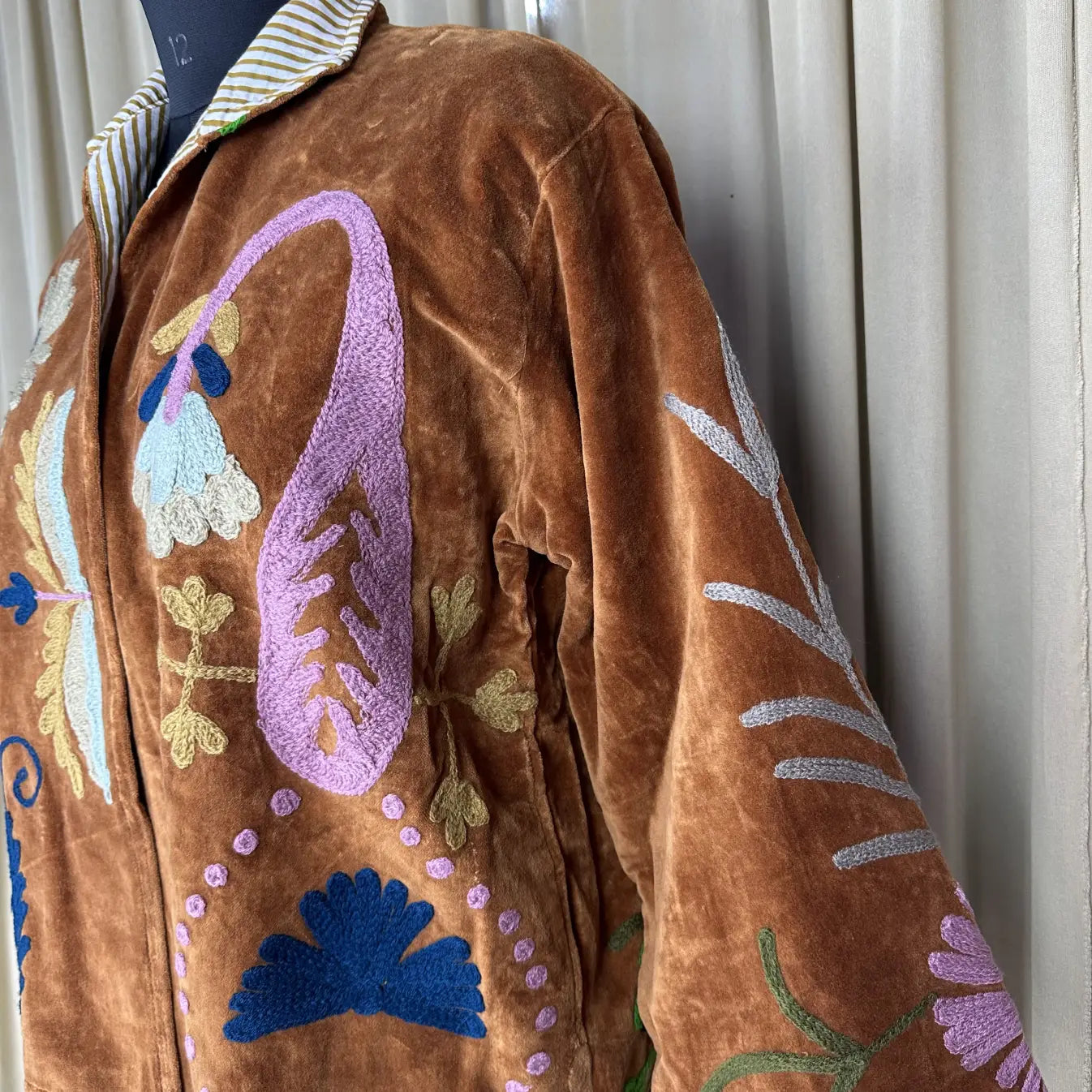 Boho Hand Embroidered Velvet Suzani Jacket, Brown Floral Open Front Coat Winter Wear Free Size Robe Retro Chic Free Size Robe Blazer for Her