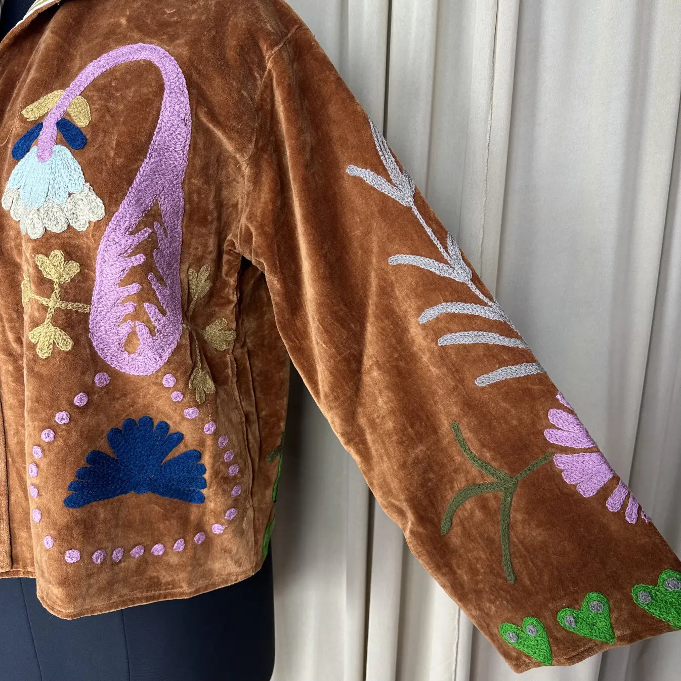 Boho Hand Embroidered Velvet Suzani Jacket, Brown Floral Open Front Coat Winter Wear Free Size Robe Retro Chic Free Size Robe Blazer for Her