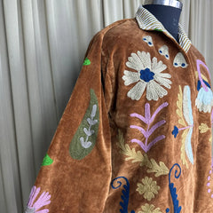 Boho Hand Embroidered Velvet Suzani Jacket, Brown Floral Open Front Coat Winter Wear Free Size Robe Retro Chic Free Size Robe Blazer for Her