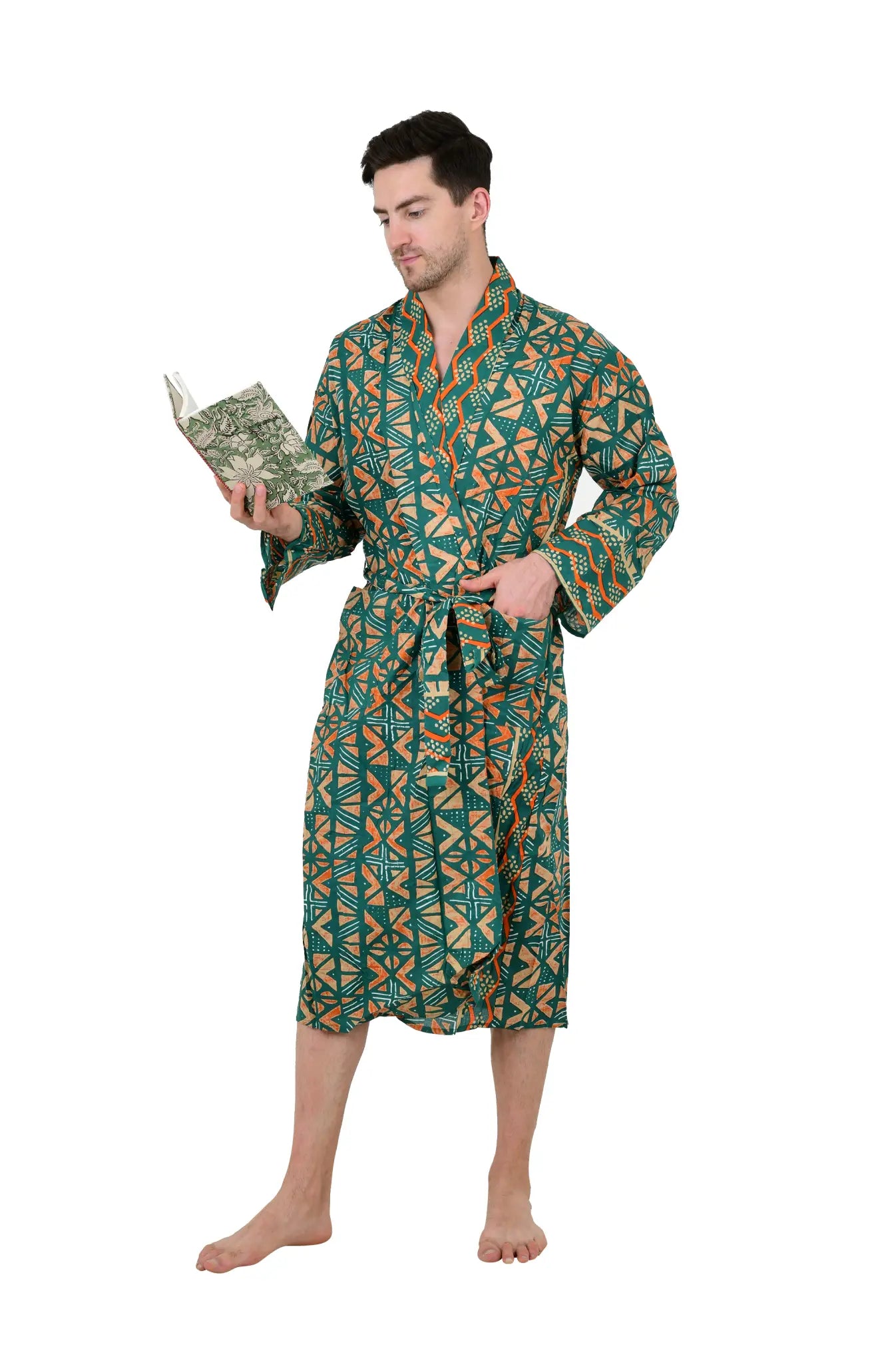 Pure Cotton Handblock Men Kimono | Indian Printed Man House Robe, Boho Beach Coverup Dressing Gown, Lightweight Loungewear, Gift For Him Dad