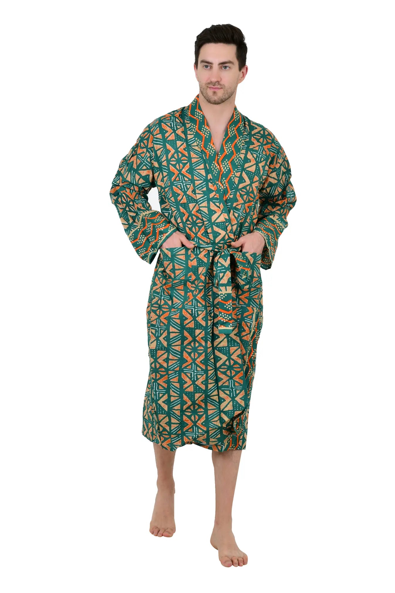 Pure Cotton Handblock Men Kimono | Indian Printed Man House Robe, Boho Beach Coverup Dressing Gown, Lightweight Loungewear, Gift For Him Dad