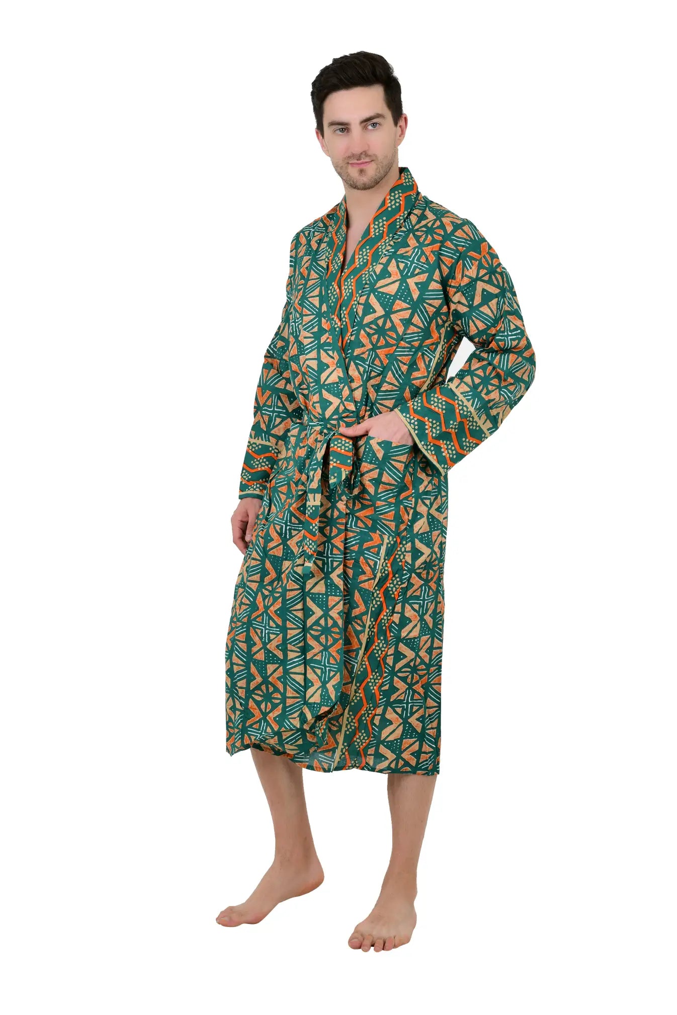 Pure Cotton Handblock Men Kimono | Indian Printed Man House Robe, Boho Beach Coverup Dressing Gown, Lightweight Loungewear, Gift For Him Dad