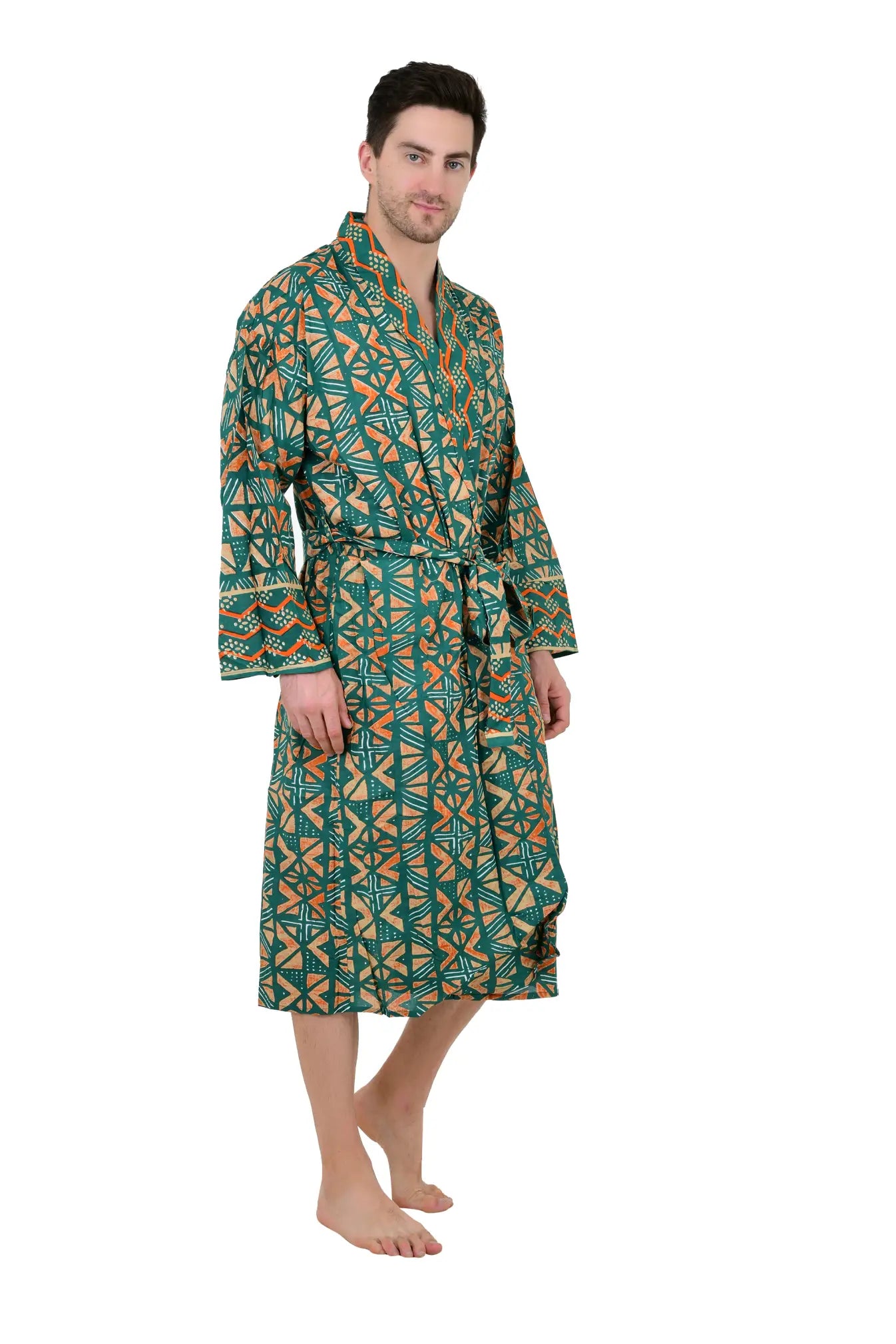 Pure Cotton Handblock Men Kimono | Indian Printed Man House Robe, Boho Beach Coverup Dressing Gown, Lightweight Loungewear, Gift For Him Dad