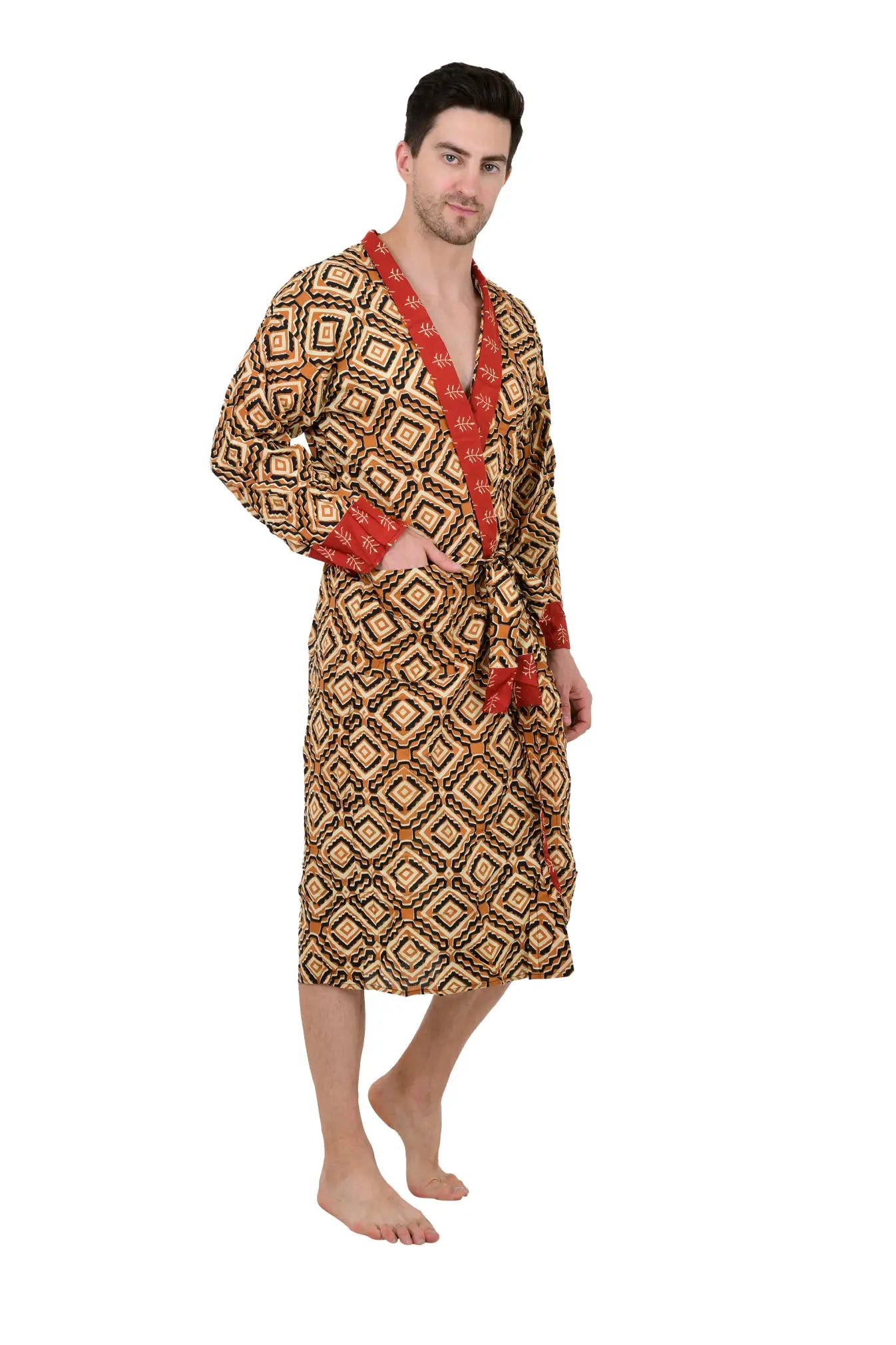 Pure Cotton Handblock Men Kimono | Indian Printed Man House Robe, Boho Beach Coverup Dressing Gown, Lightweight Loungewear, Gift For Him Dad