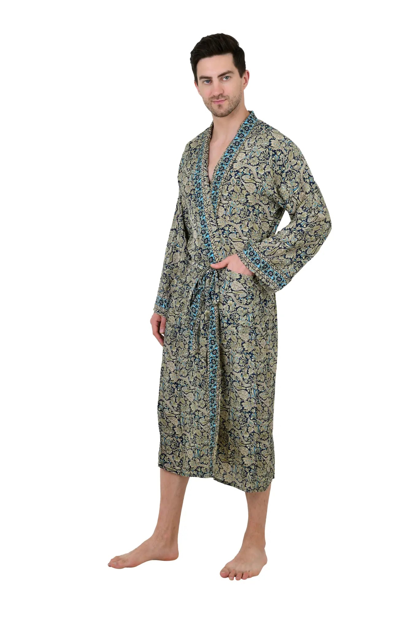 Boho Men's Soft Silk Kimono, Man Regal House Beach Robe, Floral Persian King Elegant Blue Beige Hues Beach Cover Up, Perfect Gift for Dad