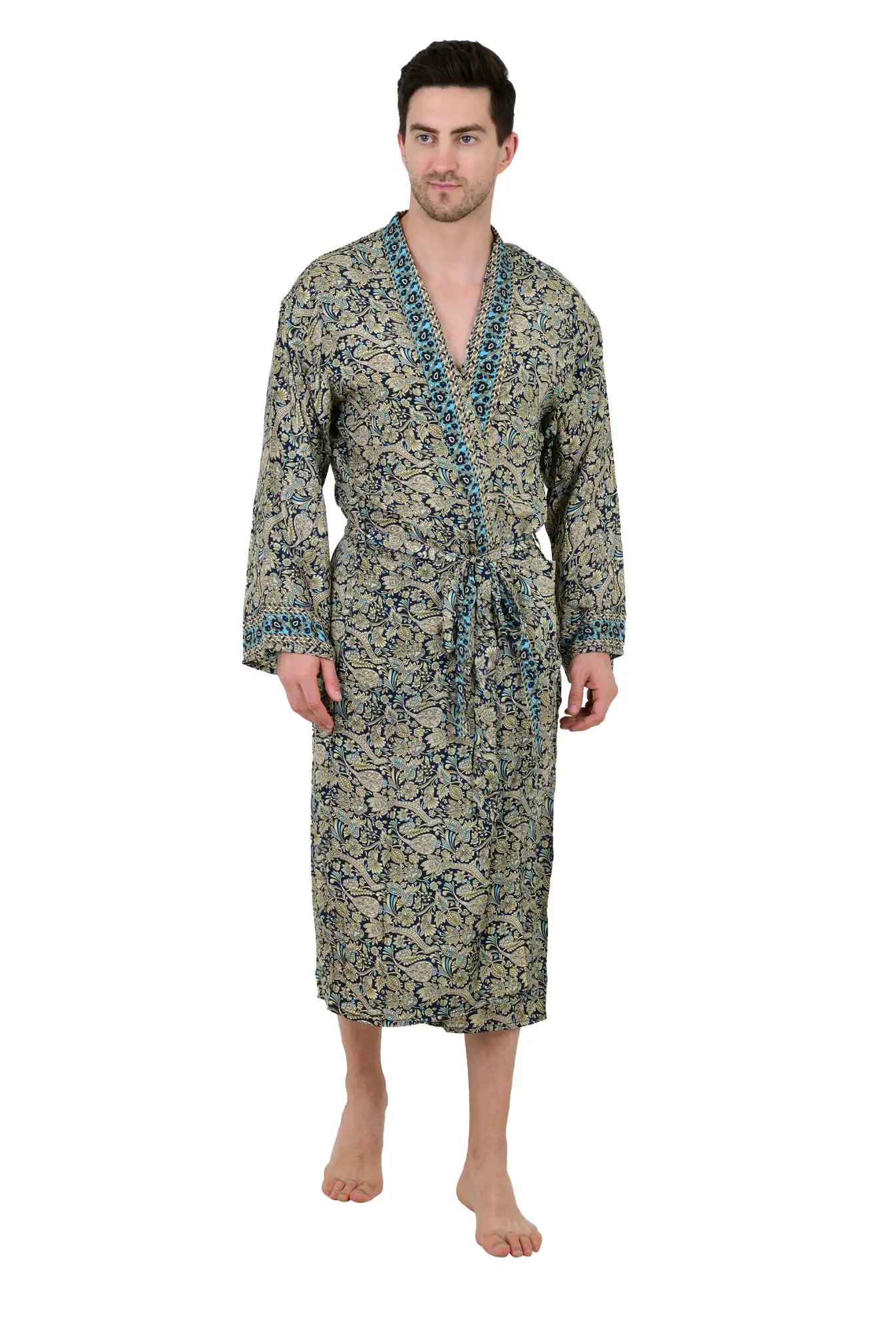 Boho Men's Soft Silk Kimono, Man Regal House Beach Robe, Floral Persian King Elegant Blue Beige Hues Beach Cover Up, Perfect Gift for Dad