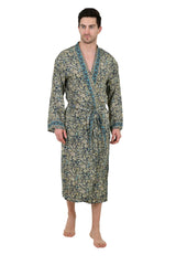 Boho Men's Soft Silk Kimono, Man Regal House Beach Robe, Floral Persian King Elegant Blue Beige Hues Beach Cover Up, Perfect Gift for Dad