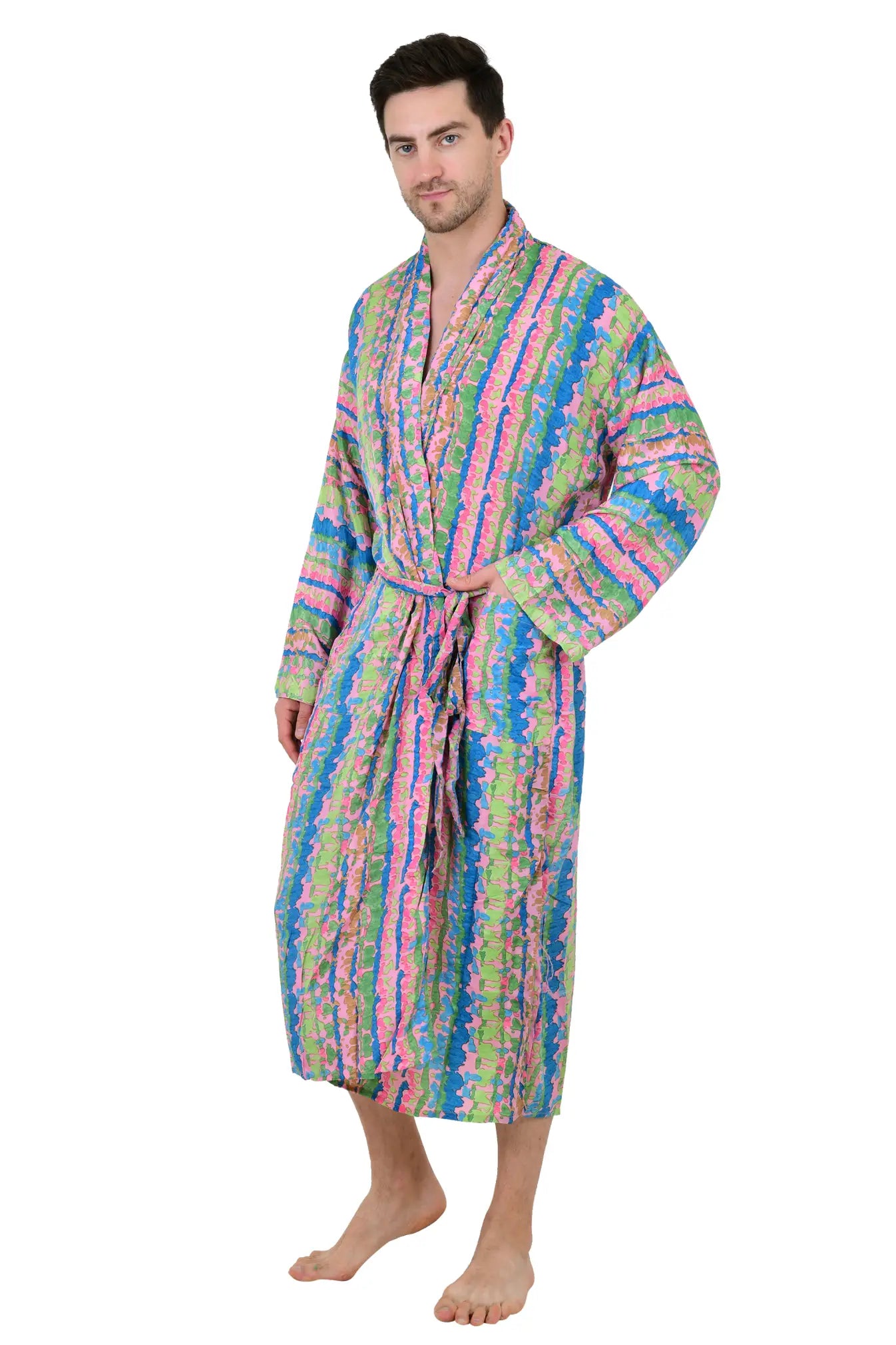 Boho Men's Soft Silk Kimono, Man Regal House Beach Robe, Geometric Persian King Elegant Pink Green Hues Beach Cover Up, Perfect Gift for Dad