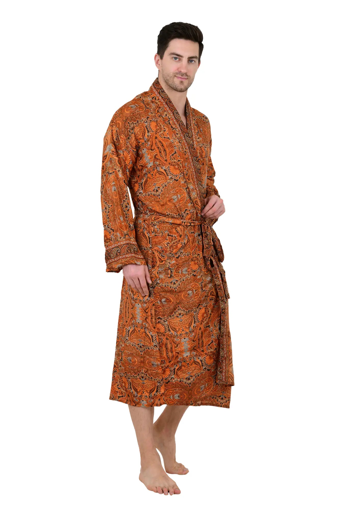 Boho Men's Soft Silk Kimono, Man Regal House Beach Robe, Floral Persian King Elegant Brown Orange Hues Beach Cover Up, Perfect Gift for Dad