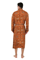 Boho Men's Soft Silk Kimono, Man Regal House Beach Robe, Floral Persian King Elegant Brown Orange Hues Beach Cover Up, Perfect Gift for Dad