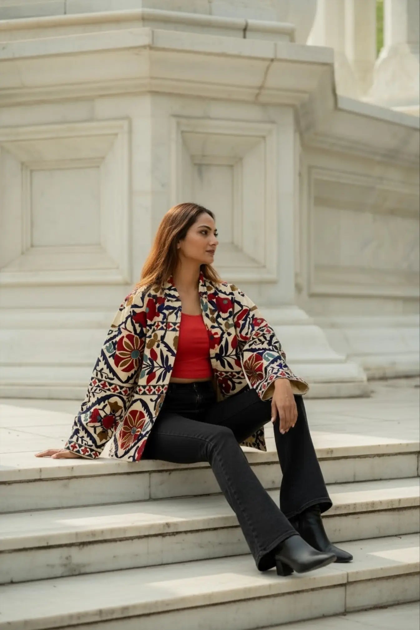 Cotton Suzani Embroidered Short Jacket | Autumn Winter Boho Gypsy | Artisan Hand Crafted Luxury Gift For Her | Olive Green Orange Outerwear