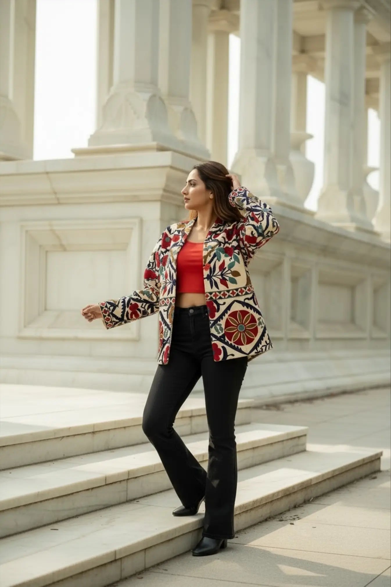 Cotton Suzani Embroidered Short Jacket | Autumn Winter Boho Gypsy | Artisan Hand Crafted Luxury Gift For Her | Olive Green Orange Outerwear