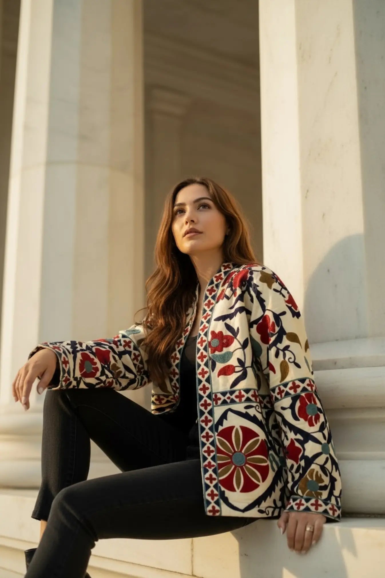 Cotton Suzani Embroidered Short Jacket | Autumn Winter Boho Gypsy | Artisan Hand Crafted Luxury Gift For Her | Olive Green Orange Outerwear