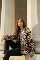 Cotton Suzani Embroidered Short Jacket | Autumn Winter Boho Gypsy | Artisan Hand Crafted Luxury Gift For Her | Olive Green Orange Outerwear