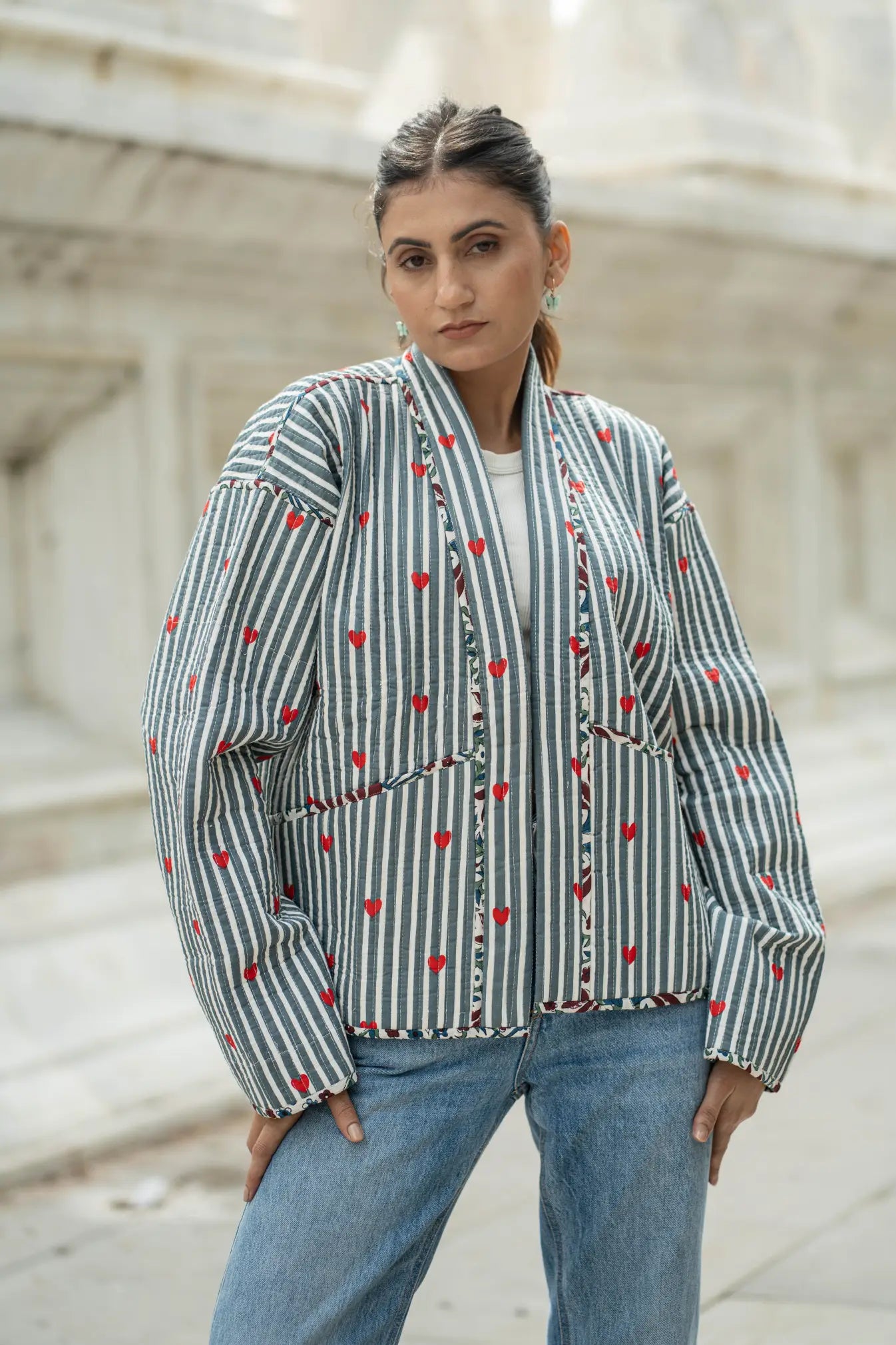 Quilted Short Bohemian Jacket for Women | Quirky Handmade Gray White Heart Print | Front Open Cotton Jacket | Anniversary  Love Gift for Her