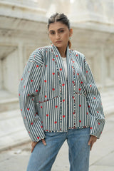 Quilted Short Bohemian Jacket for Women | Quirky Handmade Gray White Heart Print | Front Open Cotton Jacket | Anniversary  Love Gift for Her