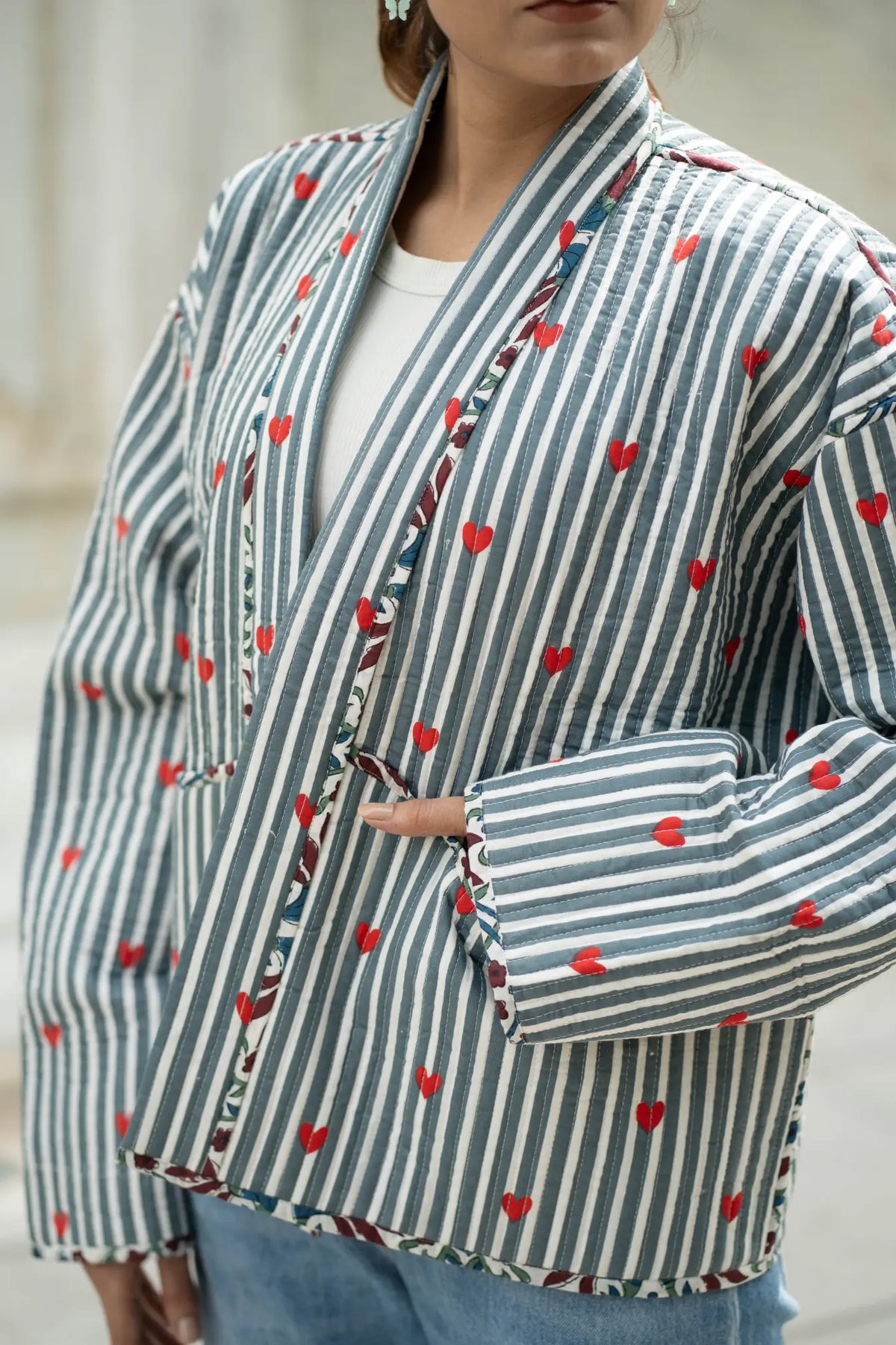 Quilted Short Bohemian Jacket for Women | Quirky Handmade Gray White Heart Print | Front Open Cotton Jacket | Anniversary  Love Gift for Her