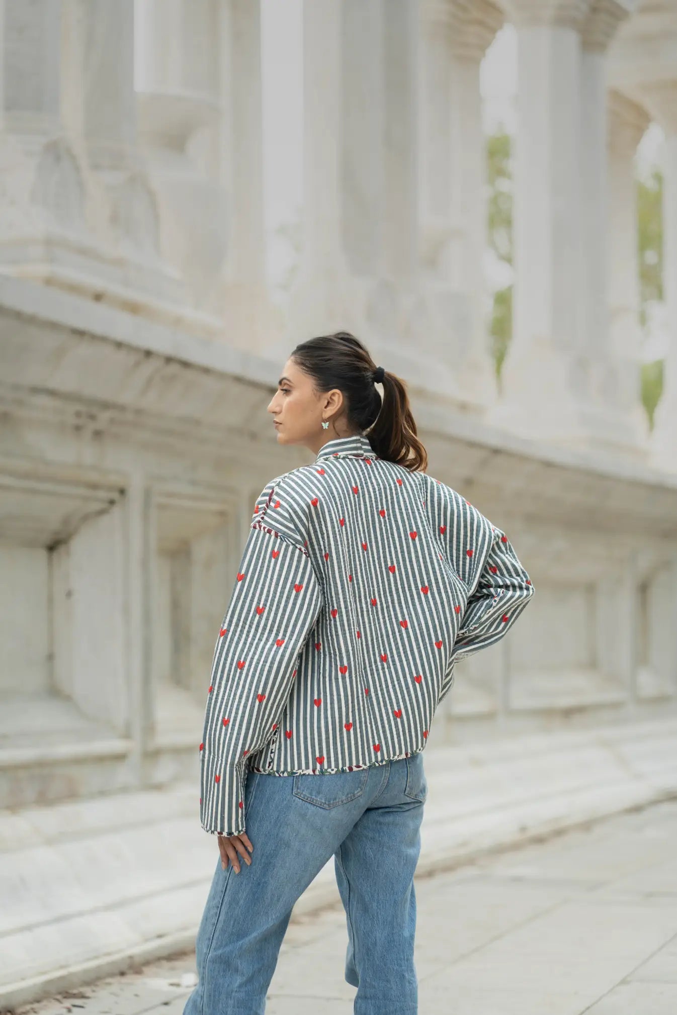 Quilted Short Bohemian Jacket for Women | Quirky Handmade Gray White Heart Print | Front Open Cotton Jacket | Anniversary  Love Gift for Her