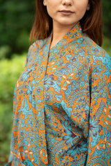 Bohemian New Silk Sari Kimono Women Regal House Beach Robe | Orange Pink Blue Floral Luxury Anniversary Birthday Gift For Her