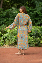 Bohemian New Silk Sari Kimono Women Regal House Beach Robe | Orange Pink Blue Floral Luxury Anniversary Birthday Gift For Her