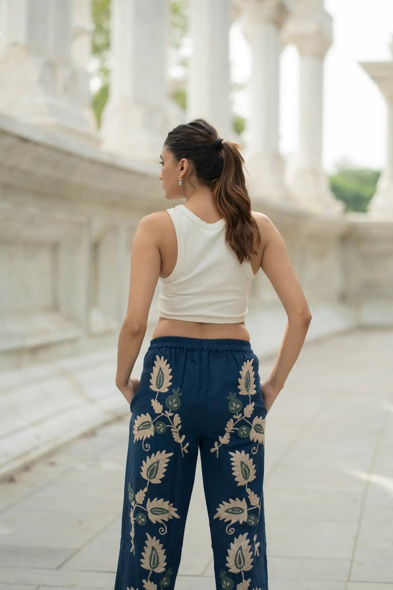 Cotton Suzani Embroidery Pant | Hand Embroidered Floral Women Pajama Bottom | Handcrafted Boho Loungewear, One Size Fit, Unique Gift for Her