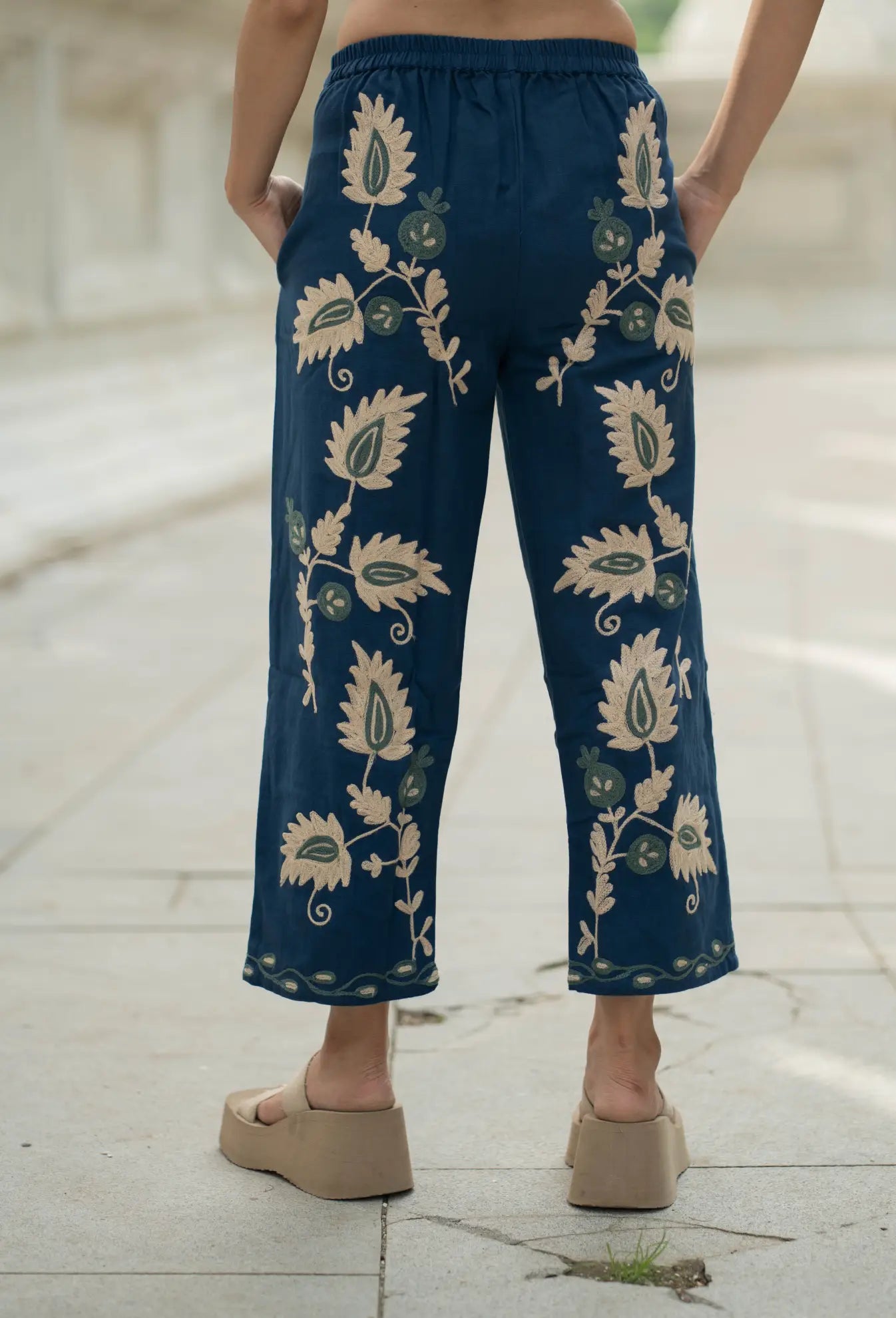 Cotton Suzani Embroidery Pant | Hand Embroidered Floral Women Pajama Bottom | Handcrafted Boho Loungewear, One Size Fit, Unique Gift for Her