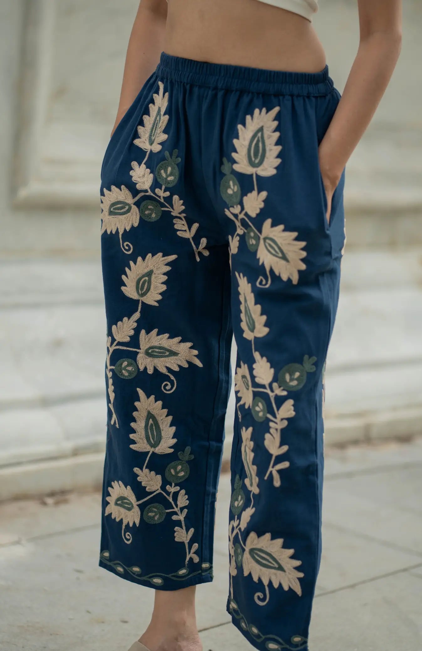 Cotton Suzani Embroidery Pant | Hand Embroidered Floral Women Pajama Bottom | Handcrafted Boho Loungewear, One Size Fit, Unique Gift for Her