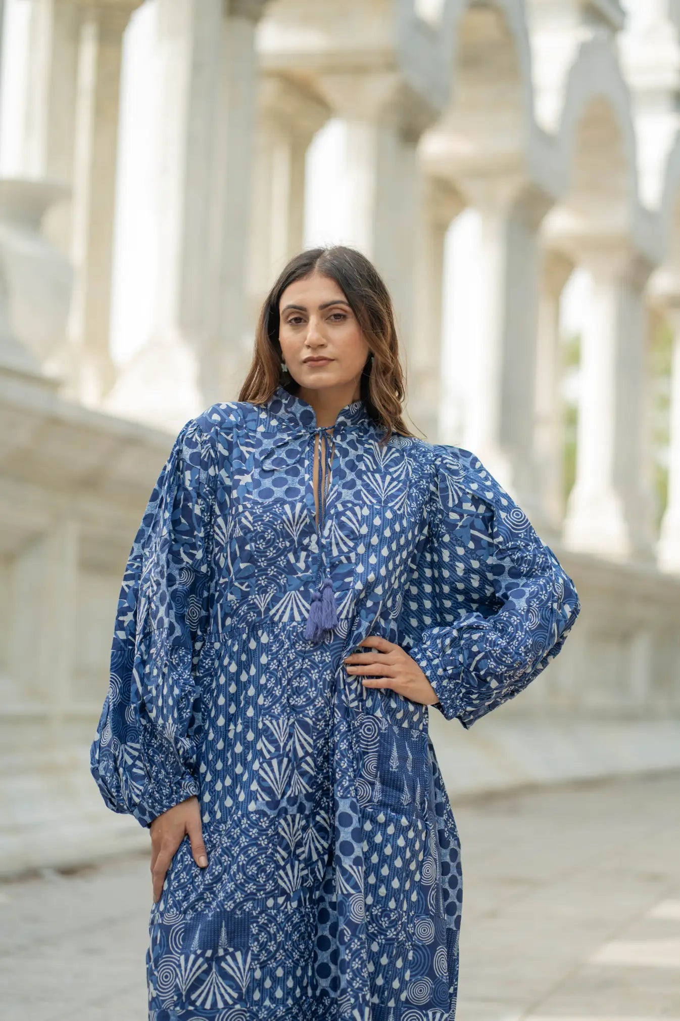 Blue Patchwork Cotton Dress: Hand-Stitched Block Print, Fits XXL