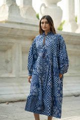 Blue Patchwork Cotton Dress: Hand-Stitched Block Print, Fits XXL