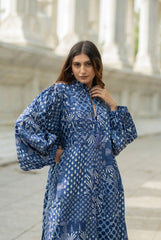 Blue Patchwork Cotton Dress: Hand-Stitched Block Print, Fits XXL